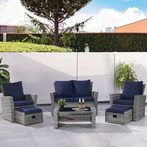 6-Piece Gray Wicker Patio Conversation Sofa Set with Blue Cushions