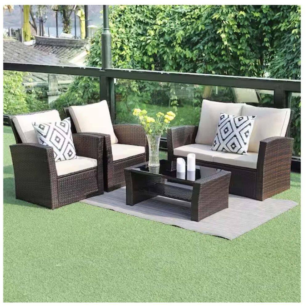 4-Piece Wicker Outdoor Conversation Set with Beige Cushions, Outdoor Rattan