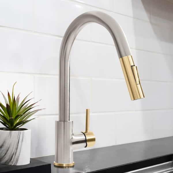 Autograph Edition 15 in. Gemini Pull Down Single Handle Kitchen Faucet in Brushed Nickel and Champagne Bronze