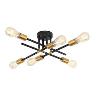 18.11 in. 6-Light Black and Gold Metal Semi- Flush Mount Light for Dining Room with No Bulbs Included