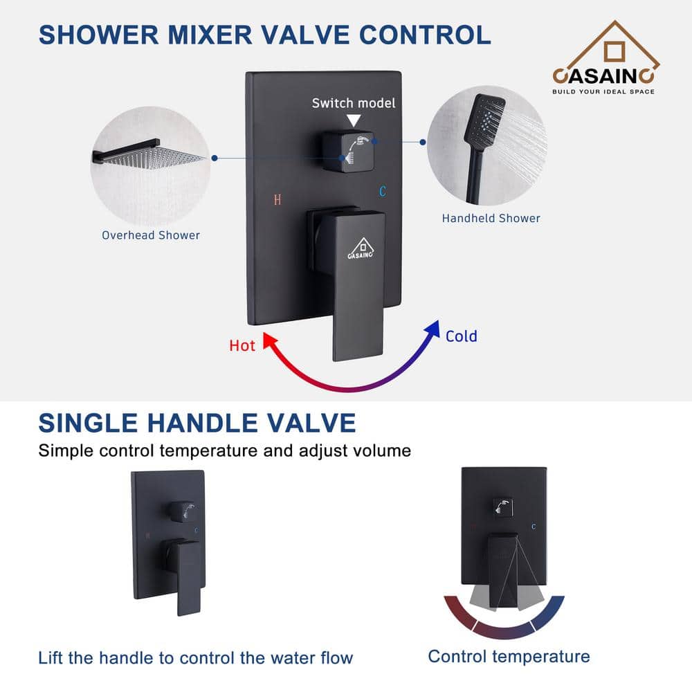 Matte Black Large Square Ceiling Mounted Dual Shower System