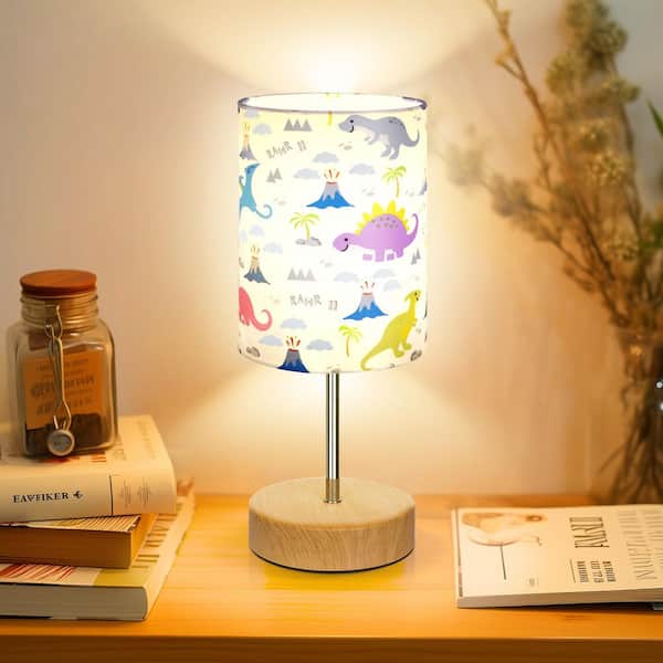 12.4" White Wooden Table Lamp with Dinosaur Pattern Printed Shade, 3-Way Dimmable Touch Lamp for Bedroom(Bulb Included)