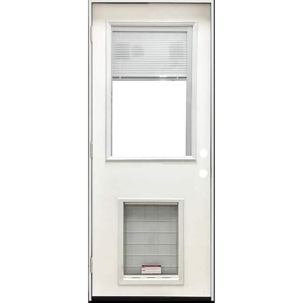 Steves & Sons 36 in. x 80 in. Reliant Series Clear MiniBlind RHOS White Primed Fiberglass Prehung Front Door with Extra Large Pet Door