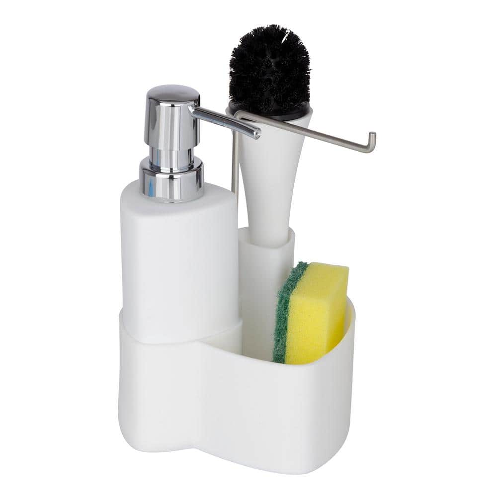 Kitchen Soap Dispenser with Sponge Holder Set for Sink Caddy, Hand Soap and  Dish Soap Dispenser with Brush Matte White