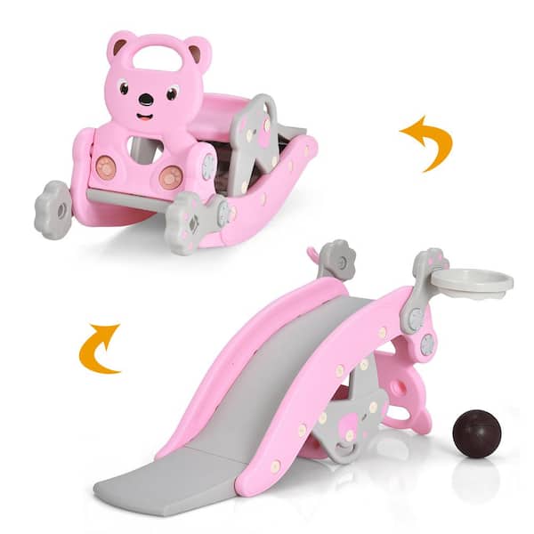 4-in-1 Rocking Horse and Slide Set Toddler Slide Playset with Basketball Hoop