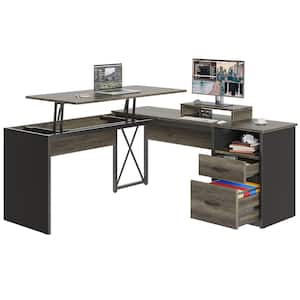 55.7 in. Retro Grey Oak Dark 2 Drawer L-Shaped Computer Desk with Lift-Top
