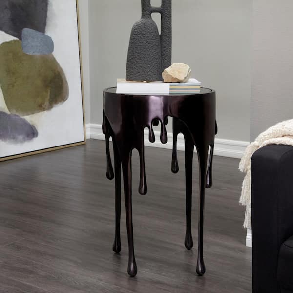 Litton Lane 16 in. Black Drip Large Round Glass End Table with Melting Design and Shaded Glass Top