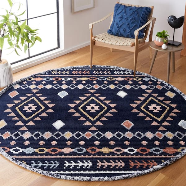 Marrakesh Navy/Multi 7 ft. x 7 ft. Round Geometric Striped Area Rug