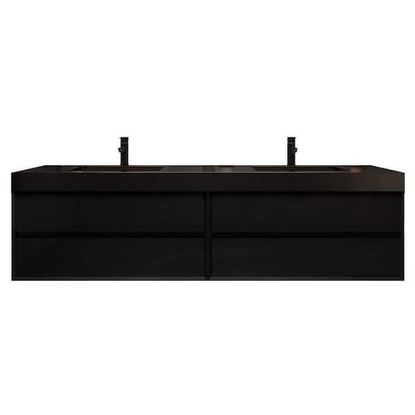 MIA 84 in. W x 20 in. D x 24 in. H Double Sink Floating Bath Vanity in Gloss Black with Black Stainless Steel Top