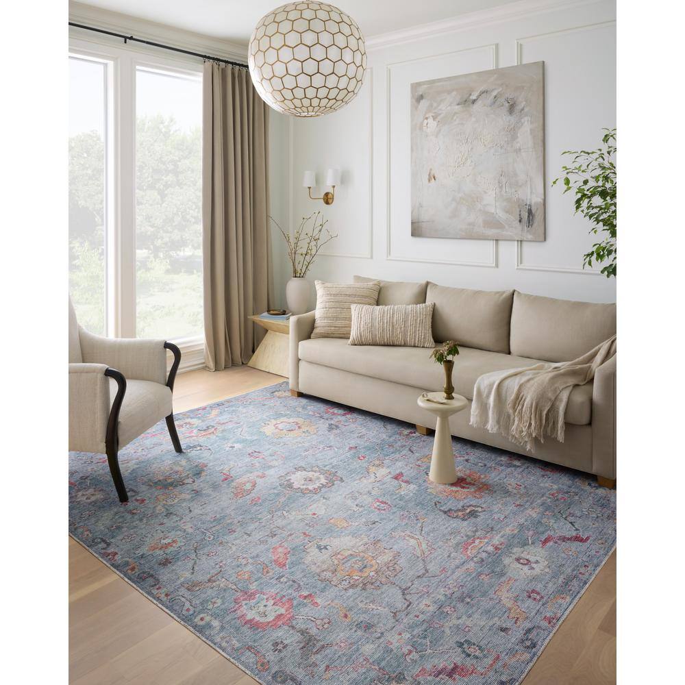Blue Floral Oriental Synthetic Easy Care Rug 3'6" x 5'6"