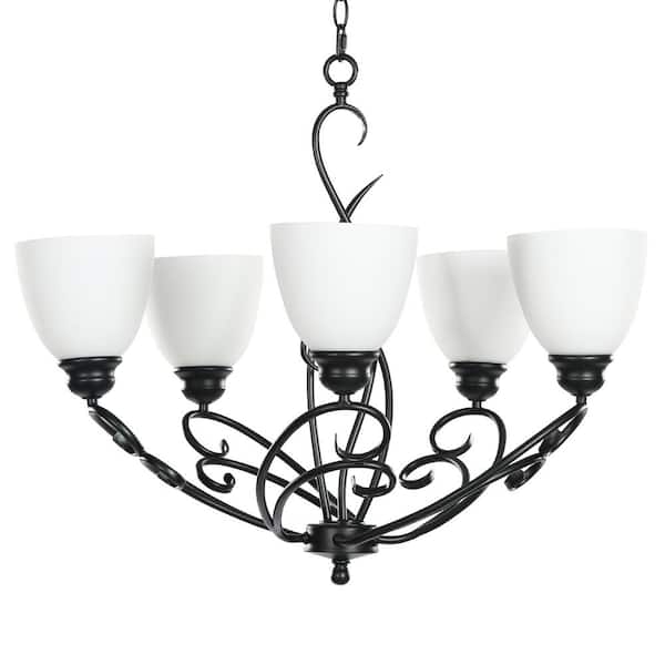 TRIBESIGNS WAY TO ORIGIN Bailey 5-Light Black Chandelier with Opal Bowl Glass Shape for Living Room, Bedroom