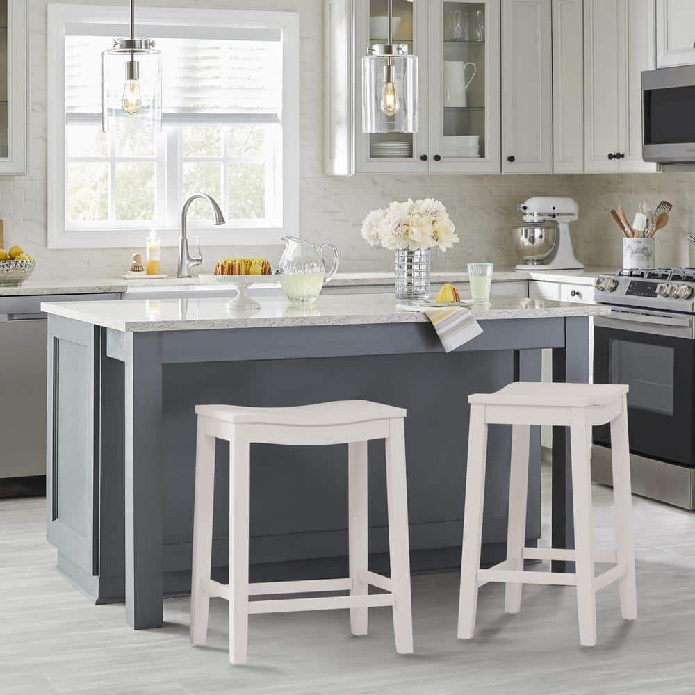 Coastal Charm White Wood Backless Saddle Counter Stool