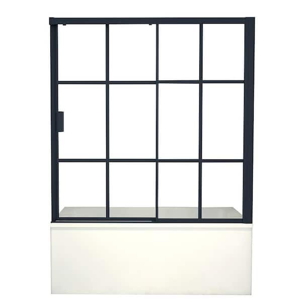 Joselyn 59 in. W x 60 in. H Sliding Tub Door in Black Stainless Steel with 8 mm Clear Tempered Glass and Handle