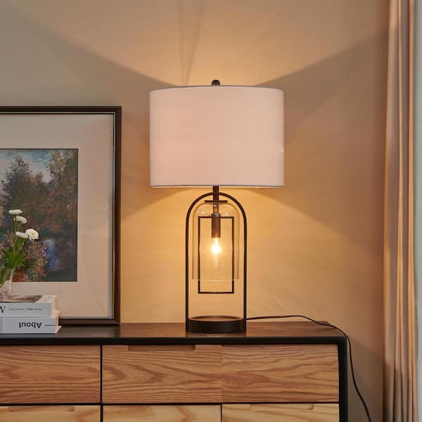 25.25 in. Bronze Table Lamp with Night Light Bulbs, Glass Shade and White Linen Shade