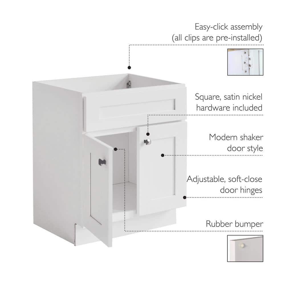 Brookings 30-Inch White Solid Wood Shaker Bathroom Vanity