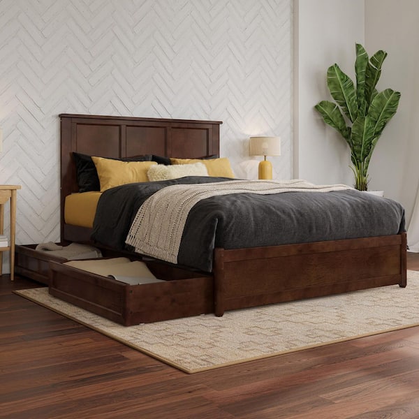 AFI Felicity Walnut Brown Solid Wood Frame Full Platform Bed with Panel Footboard and Storage Drawers