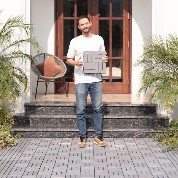 GOGEXX 12 in. x 12 in. Gray Square Acacia Wood Interlocking Flooring Deck Tiles Checker Pattern Outdoor/Patio(Pack of 30 Tiles)
