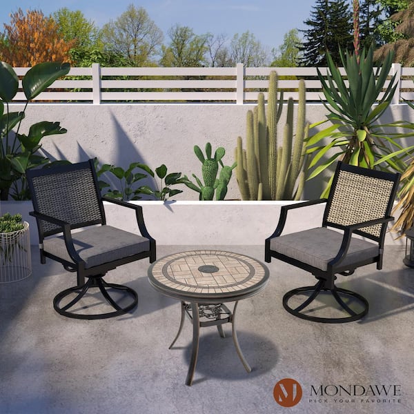 Aluminum Frame Outdoor Dining Chair 360-Degree Swivel Chair with 3.1 in. Thickness Gray Cushion (Set of 2)