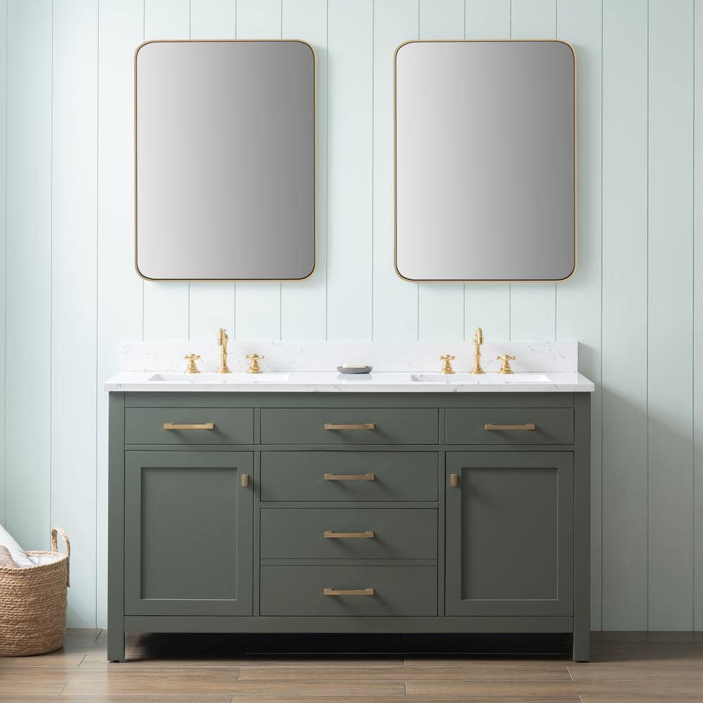 Vintage Green Solid Wood Double Vanity with Carrara White Top