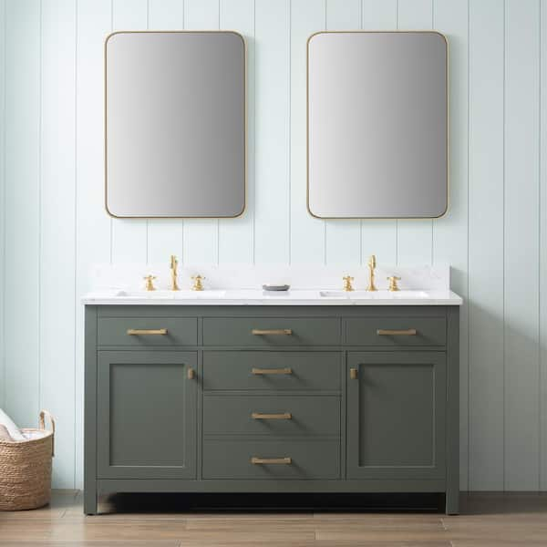 SUDIO Jasper 60 in. W x 22 in. D Bath Vanity in Vintage Green with Engineered Stone Vanity in Carrara White with White Sinks