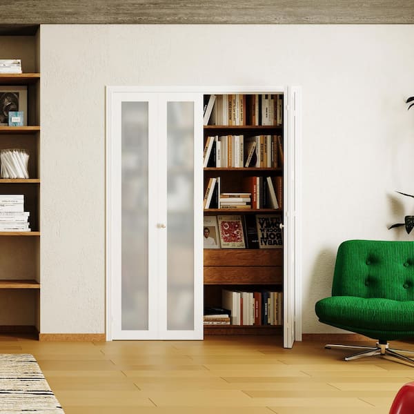 30 in. x 80 in. Full Lite, Frosted Glass, Solid Core, MDF, PVC Covering Compack 180 Bi-Fold Door with Hardware Kits