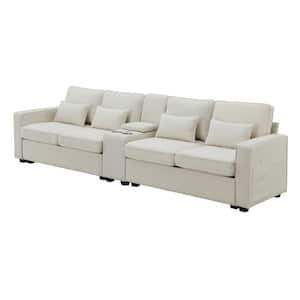 114.20 in. Straight Arm Polyester Rectangle Sofa in Beige with Console, Cup Holders and USB Ports