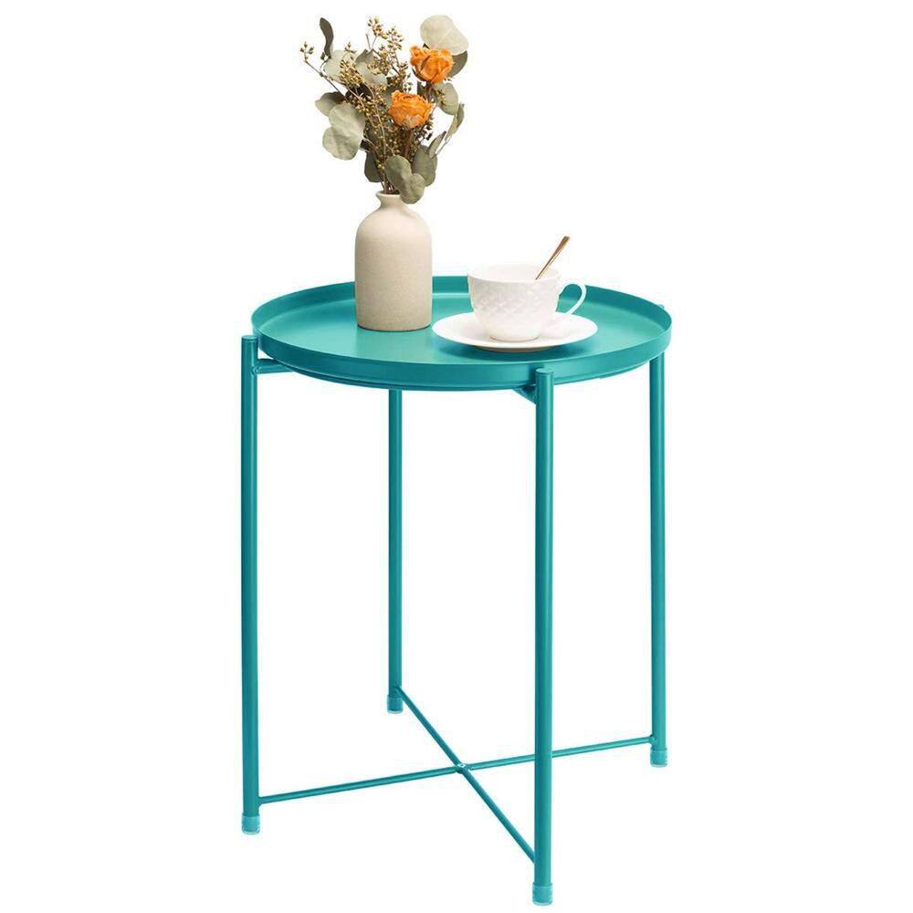 Metal Peacock Blue Outdoor Dining Table without Extension Metal Side Table 
