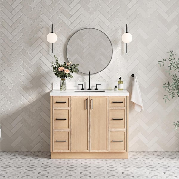 ARIEL Kelly 42 in. W x 22 in. D x 36 in. H Single Bath Vanity in Oak with Carrara White Quartz Top