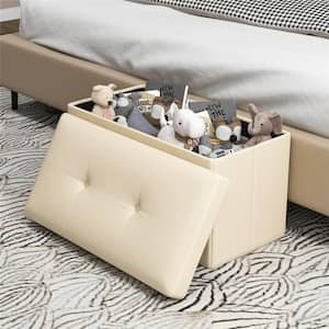 White Rectangle Folding Storage Ottoman Upholstered Footstool PVC Leather 22.5 Gallon