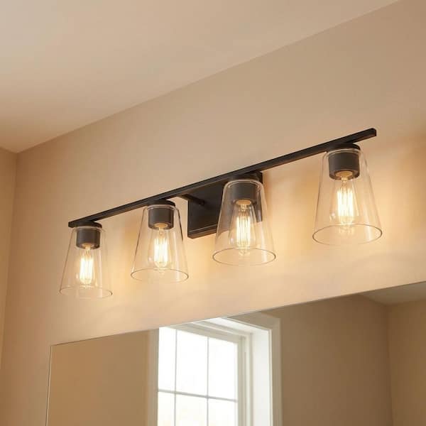 Calhoun 32 in. W x 8.75 in. H 4-Light Black Bathroom Vanity Light with Clear Cone Glass Shades