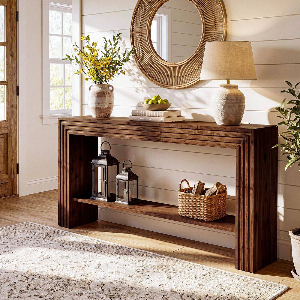 BYBLIGHT Turrella 63 in. Brown Rectangle Solid Wood Console Table with ...