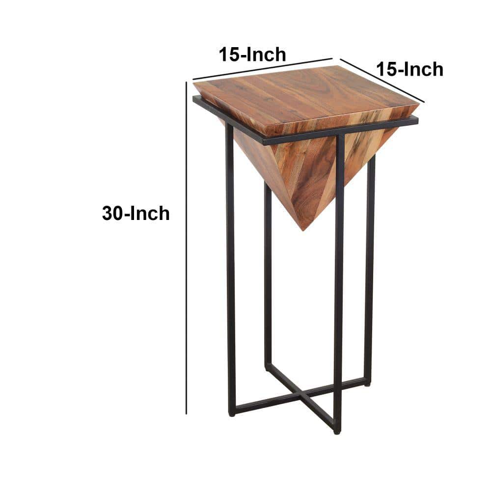 30-Inch Brown Acacia Wood Side Table with Black Metal Cross Base
