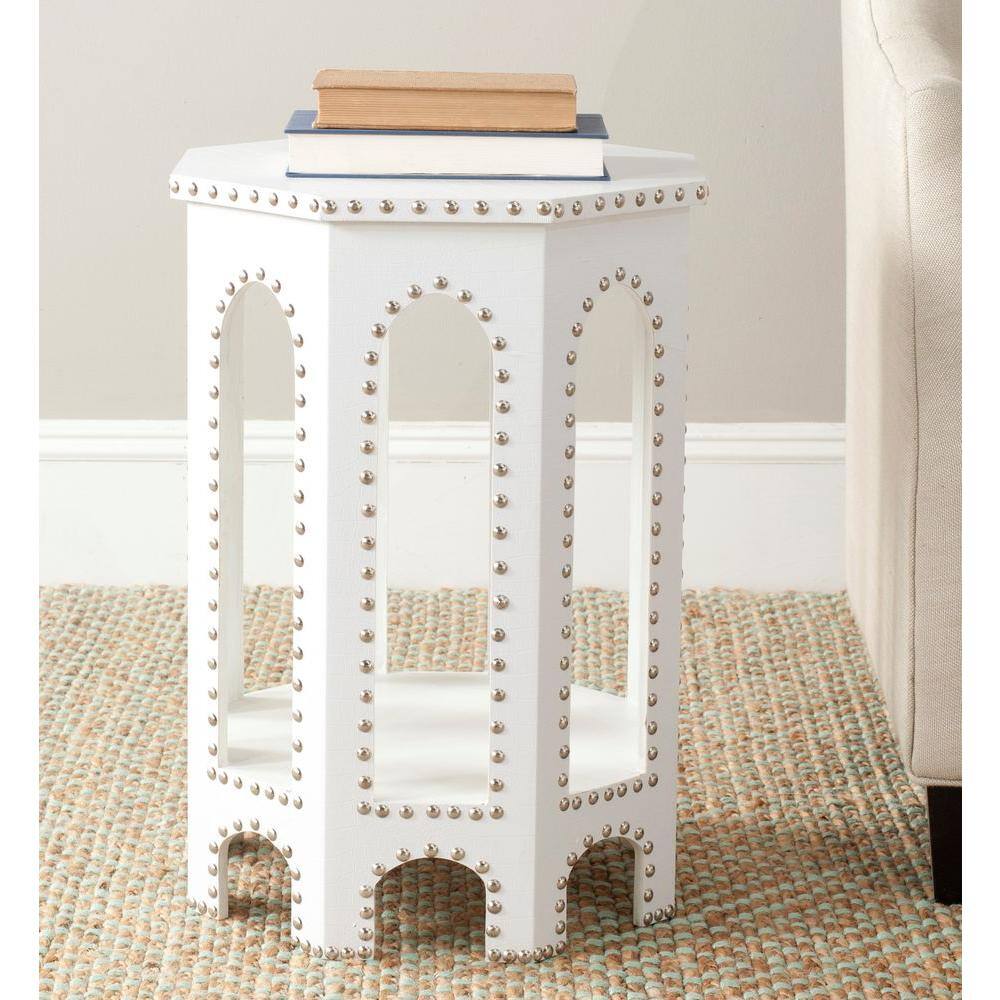 Transitional Octagonal White Wood & Metal End Table 16"