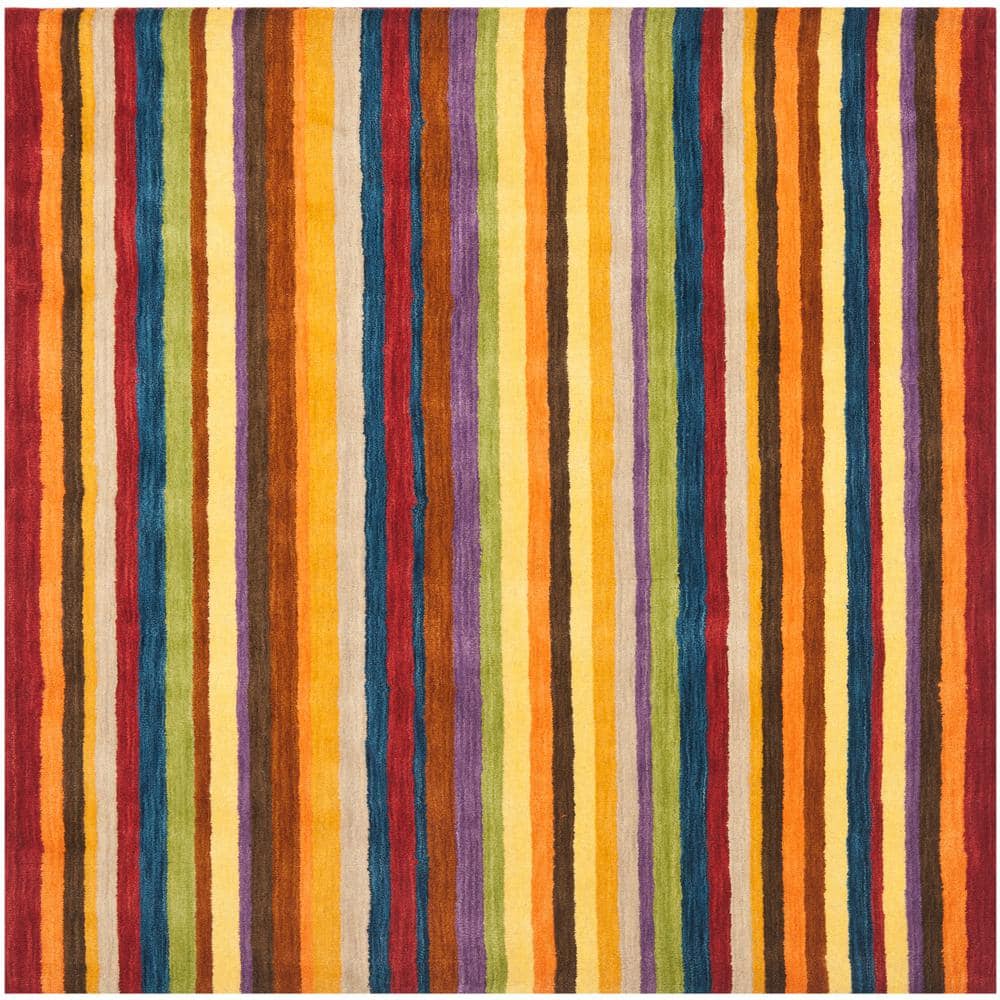 Artisan Red Stripe 4' Square Hand-Knotted Wool Rug