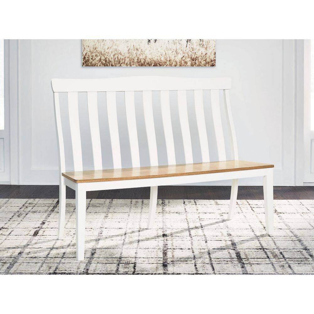White and Natural Wood Slat-Back Dining Bench