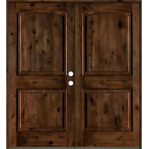 60 in. x 80 in. Rustic Knotty Alder 2-Panel Arch Top Provincial Stain Left-Hand Wood Double Prehung Front Door