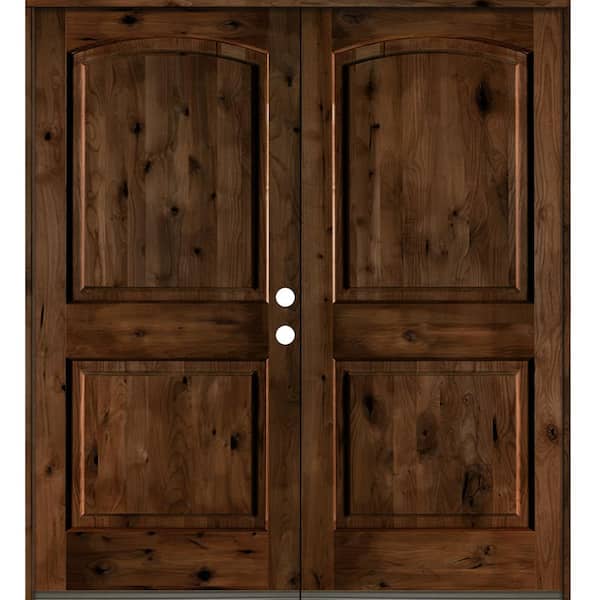 Krosswood Doors 60 in. x 80 in. Rustic Knotty Alder 2-Panel Arch Top Provincial Stain Left-Hand Wood Double Prehung Front Door