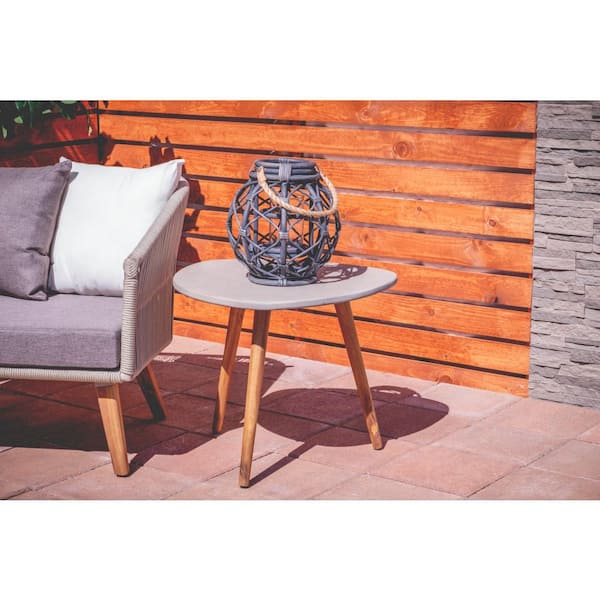 Gray Round Wood Outdoor Accent Table with Concrete Inspired Top and Slender Tapered Legs