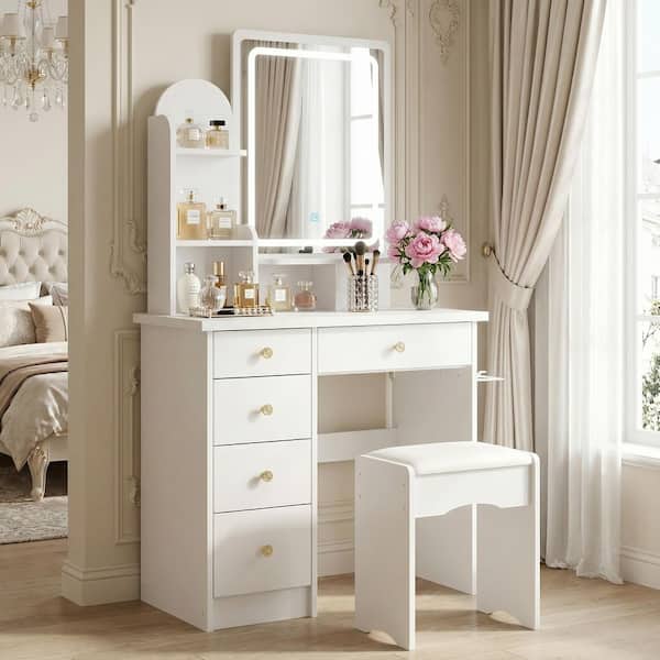 5-Drawers White Makeup Vanity Sets Dressing Table Sets With Stool, LED Lighted Mirror, Power Strip and Hair Dryer Holder