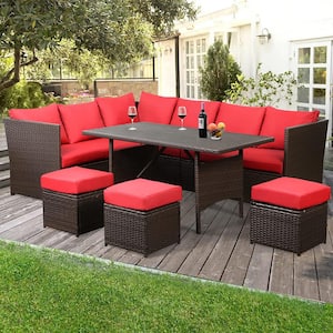 7-Pieces Patio Brown Wicker Furniture Dining Set with Red Cushions