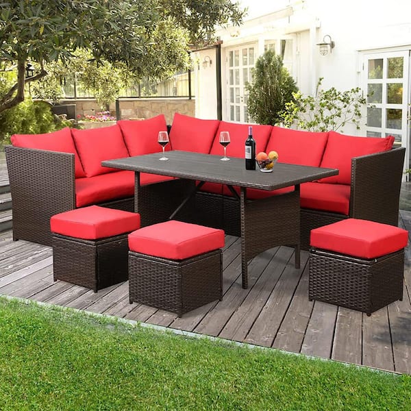 AECOJOY 7-Pieces Patio Brown Wicker Furniture Dining Set with Red Cushions