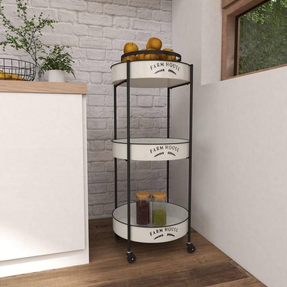 White and Black Metal 3-Tier Farmhouse Rolling Storage Cart