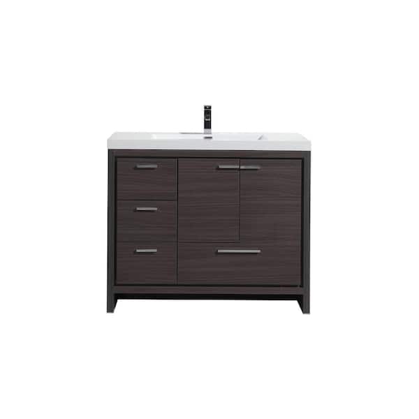 Moreno Bath Dolce 42 in. W Bath Vanity in Dark Gray Oak with Reinforced Acrylic Top in White with White Basin and Left Side Drawers