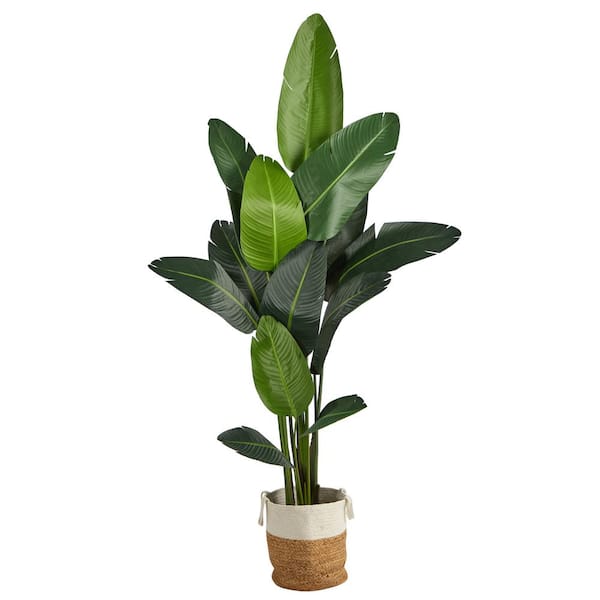 Nearly Natural 84 in. Green Artificial Travelers Palm Tree in Handmade Jute and Cotton Basket