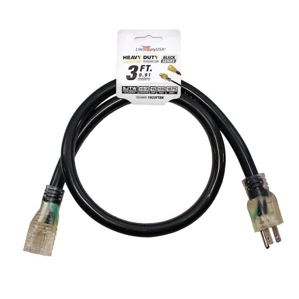 LifeSupplyUSA 3 ft. 10/3 SJTW 15 Amp 125-Volt 1875-Watt Lighted End Indoor/Outdoor Black Heavy-Duty Extension Cord (100-Pack)