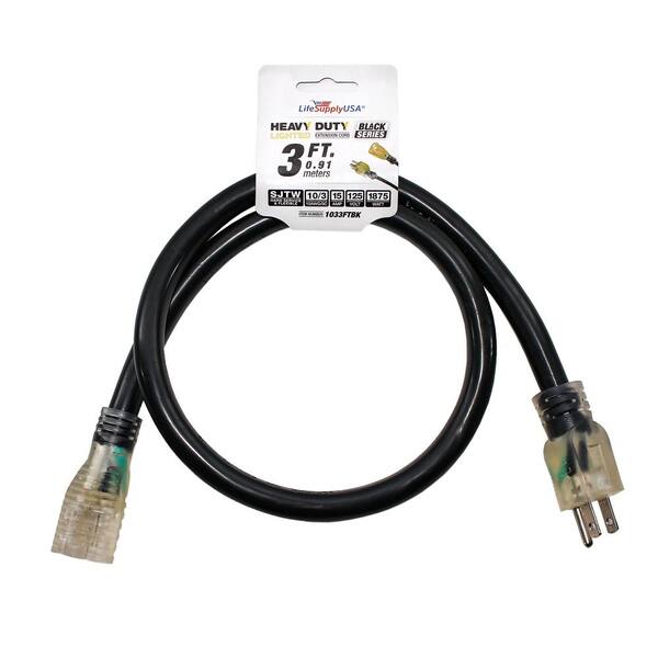 LifeSupplyUSA 3 ft. 10/3 SJTW 15 Amp 125-Volt 1875-Watt Lighted End Indoor/Outdoor Black Heavy-Duty Extension Cord (2-Pack)