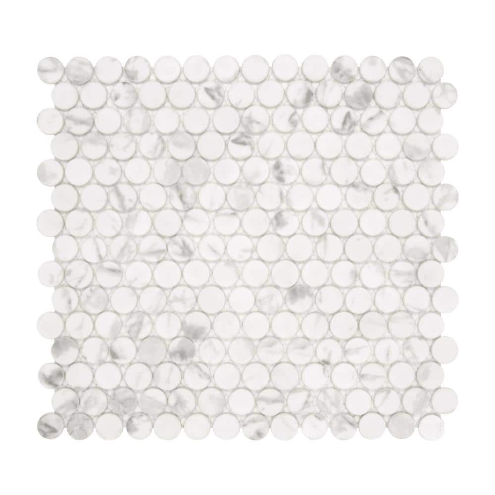 White Calacatta Matte Glass Penny Round Mosaic Tile