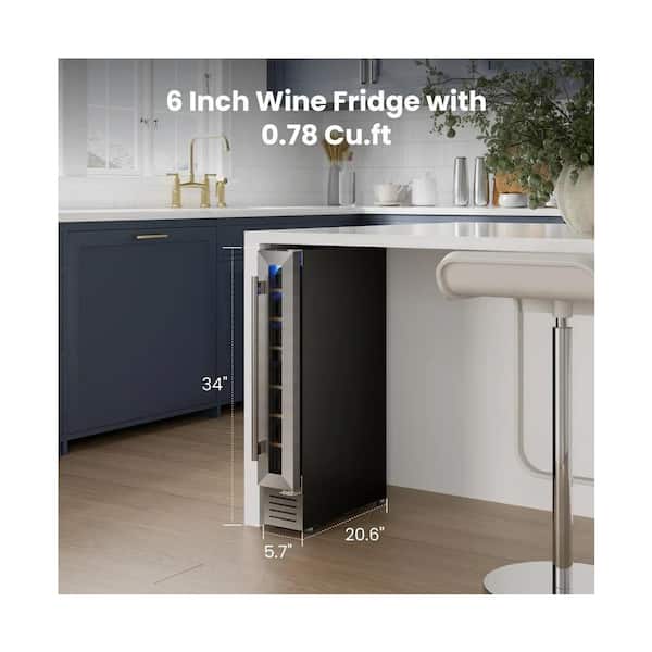6 in. Single Zone Built-in/Freestanding 7 Bottle Wine Cooler with Adjustable Shelves in Stainless Steel (Right-Hinged)