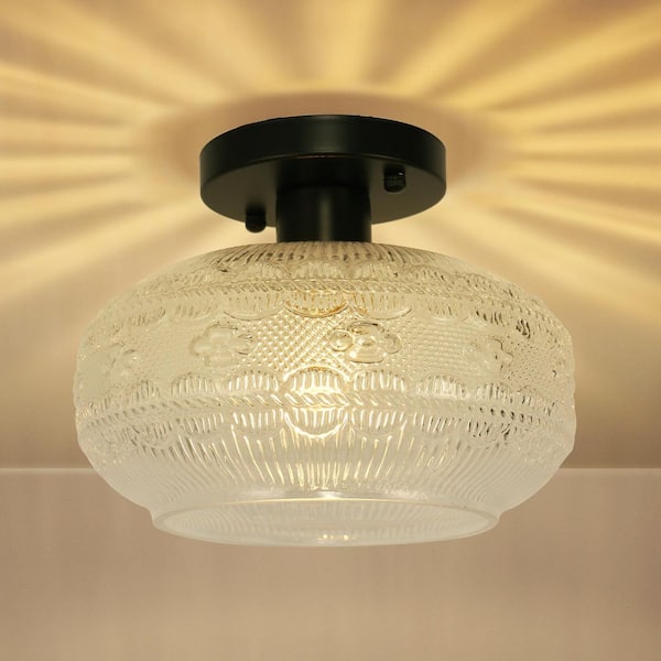 9.5 in. 1-Light Black Semi Flush Bowl Ceiling Light, Vintage Glass Farmhouse Fixture for Hallway, Bedroom, Kitchen
