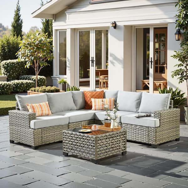 Silvae Gray 6-Piece PE Rattan Wicker Outdoor Sectional Set Patio Conversation Set with Light Gray Cushion and Table